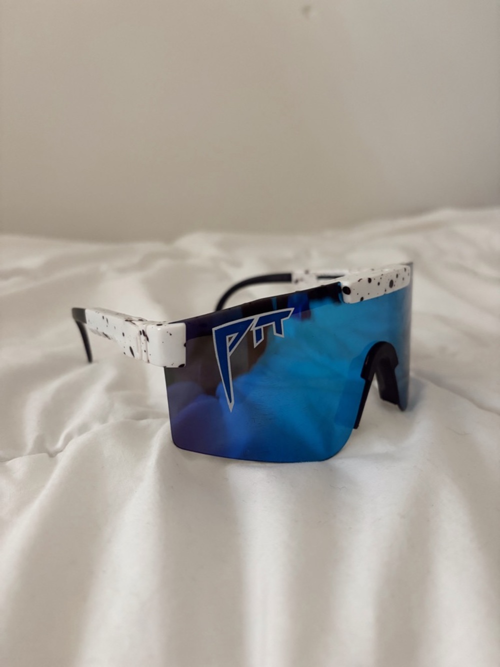 Pit Viper White Speckle Frame Blue Mirror Shield Sunglasses